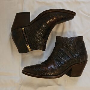 Free People Dark Brown Croc-Embossed Leather Ankle Booties with Side Zip